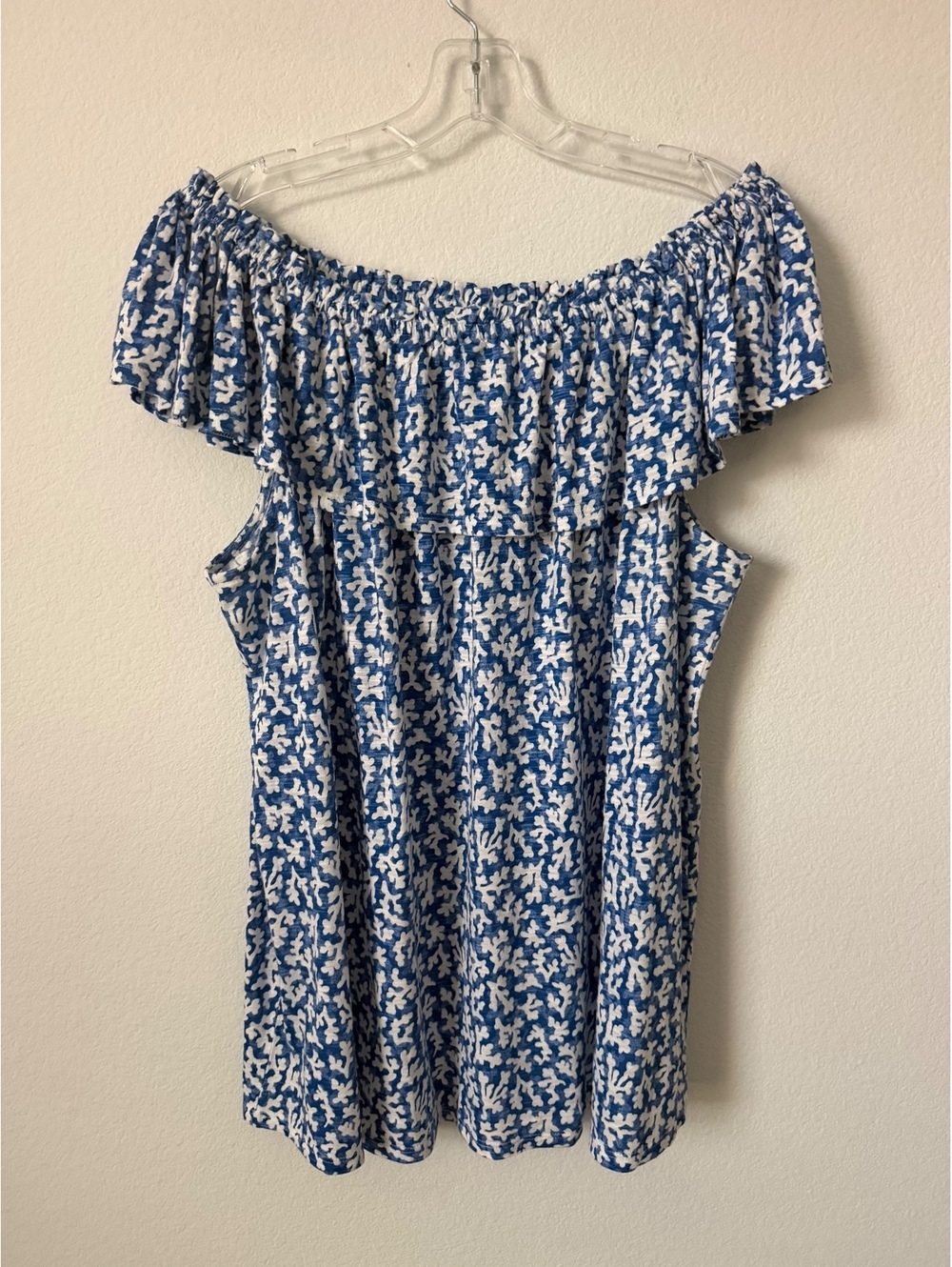 J. Jill Ruffled Off Shoulder Blue/White Abstract Coral Print Blouse Size XL